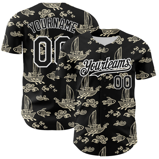 Custom Black White 3D Pattern Design Boats And Fish Authentic Baseball Jersey - Sky-Custom