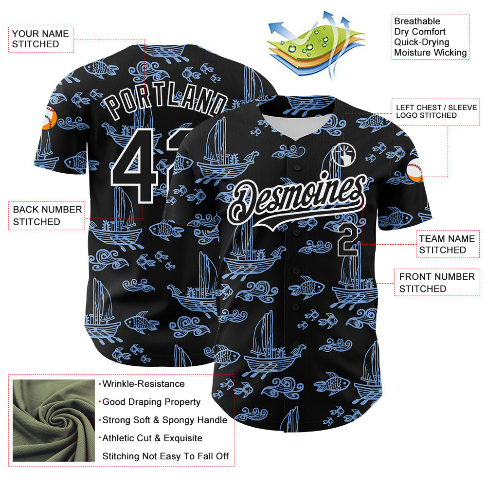 Custom Black White-Light Blue 3D Pattern Design Boats And Fish Authentic Baseball Jersey - Sky-Custom