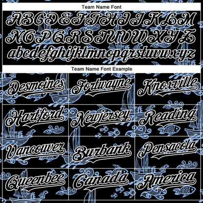 Custom Black White-Light Blue 3D Pattern Design Boats And Fish Authentic Baseball Jersey - Sky-Custom