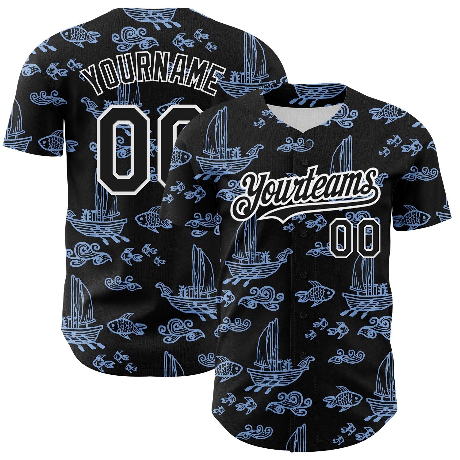 Custom Black White-Light Blue 3D Pattern Design Boats And Fish Authentic Baseball Jersey - Sky-Custom