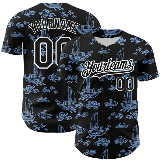 Custom Black White-Light Blue 3D Pattern Design Boats And Fish Authentic Baseball Jersey - Sky-Custom