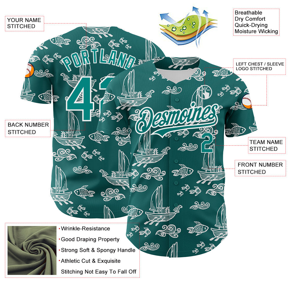 Custom Teal White 3D Pattern Design Boats And Fish Authentic Baseball Jersey - Sky-Custom