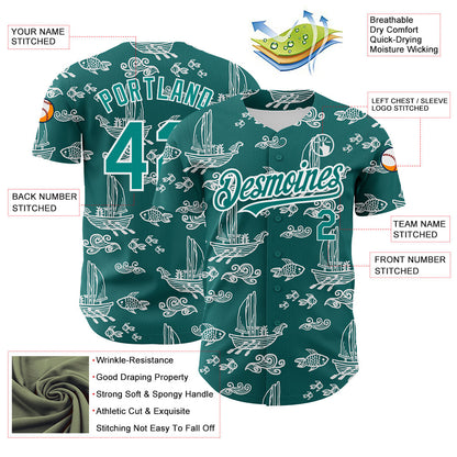 Custom Teal White 3D Pattern Design Boats And Fish Authentic Baseball Jersey - Sky-Custom