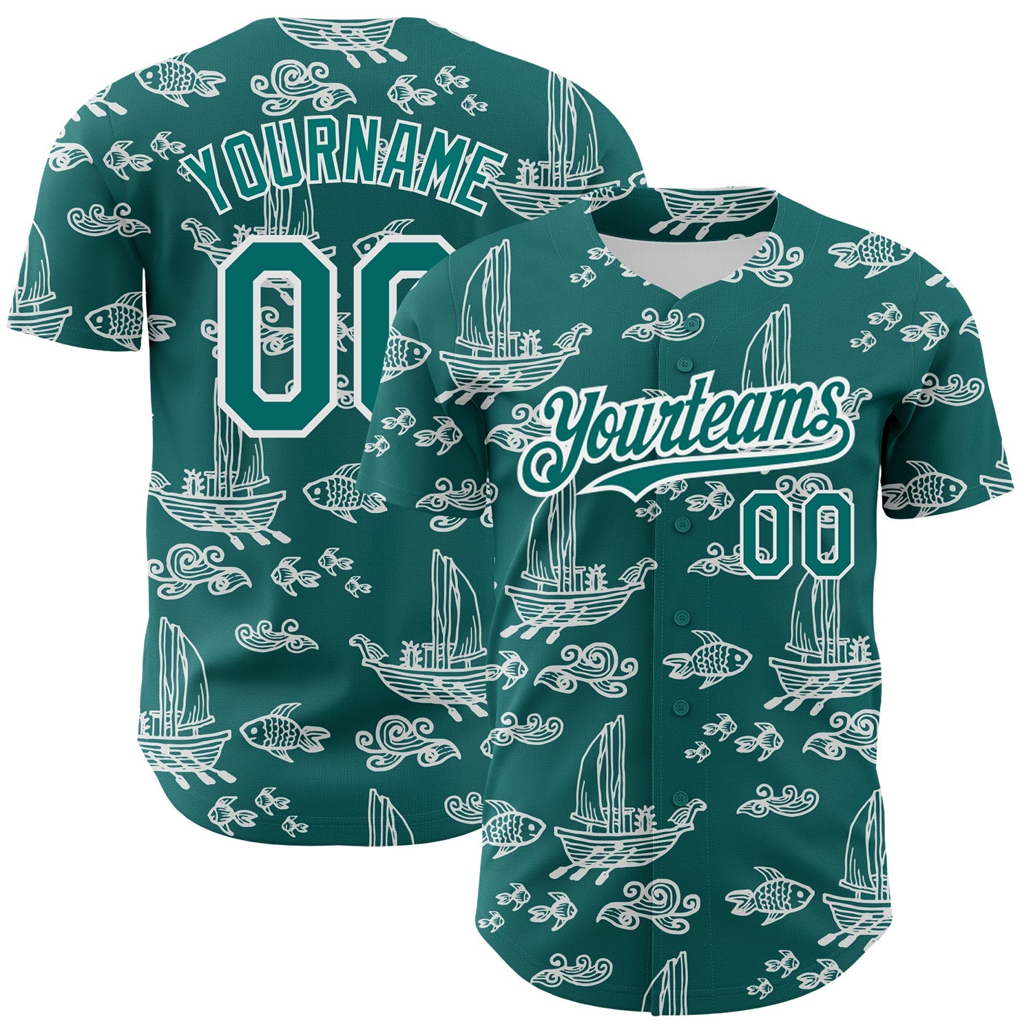 Custom Teal White 3D Pattern Design Boats And Fish Authentic Baseball Jersey - Sky-Custom