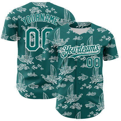 Custom Teal White 3D Pattern Design Boats And Fish Authentic Baseball Jersey - Sky-Custom