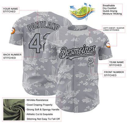 Custom Gray Black 3D Pattern Design Boats And Fish Authentic Baseball Jersey - Sky-Custom