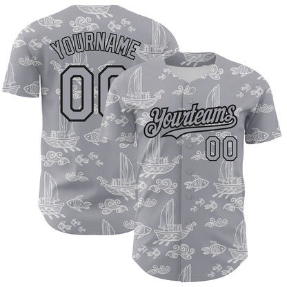 Custom Gray Black 3D Pattern Design Boats And Fish Authentic Baseball Jersey - Sky-Custom
