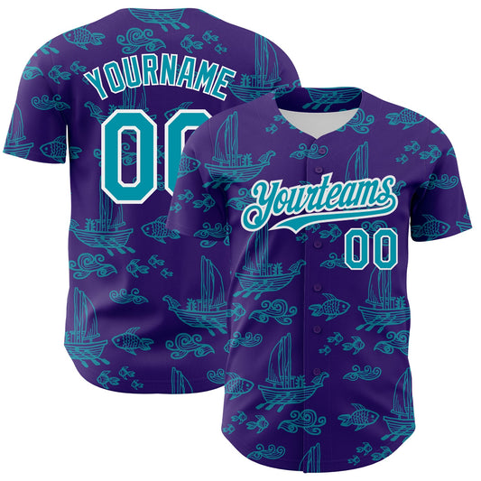 Custom Purple Teal-White 3D Pattern Design Boats And Fish Authentic Baseball Jersey - Sky-Custom