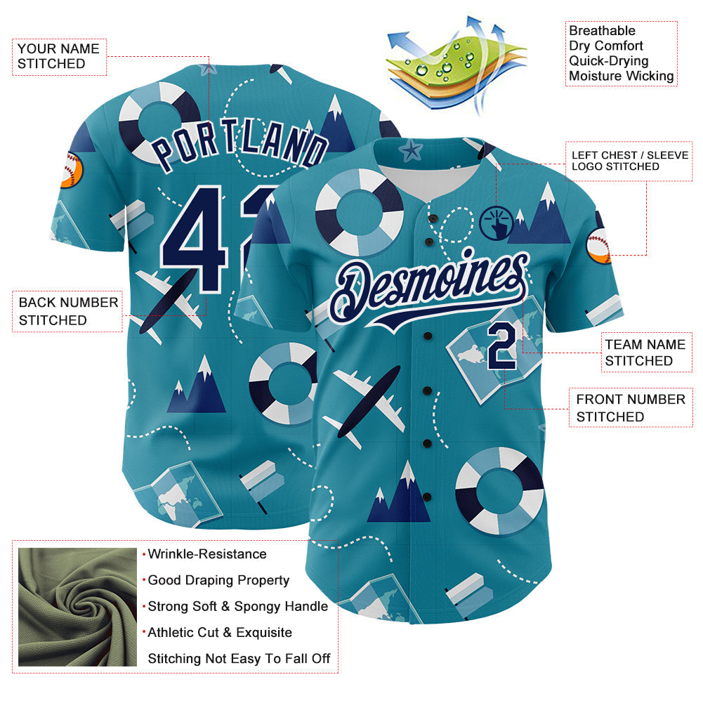 Custom Lakes Blue Navy-White 3D Pattern Design Holiday Travel Authentic Baseball Jersey - Sky-Custom