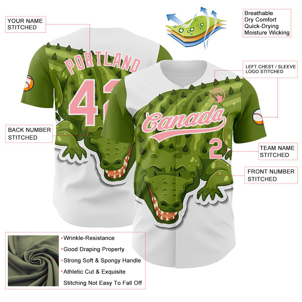Custom White Medium Pink 3D Pattern Design Cartoon Crocodile Authentic Baseball Jersey - Sky-Custom