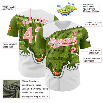 Custom White Medium Pink 3D Pattern Design Cartoon Crocodile Authentic Baseball Jersey - Sky-Custom