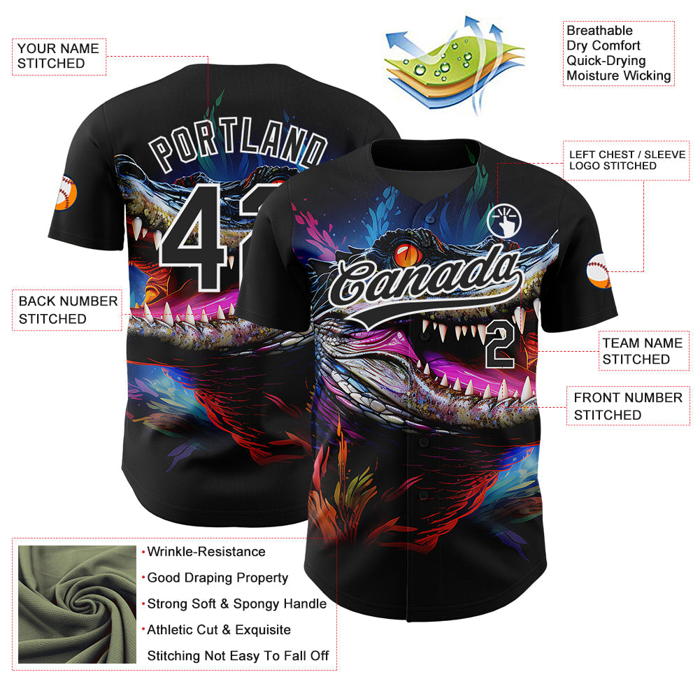 Custom Black White 3D Pattern Design Neon Crocodile Authentic Baseball Jersey - Sky-Custom