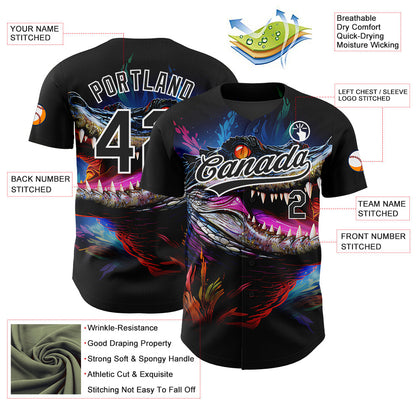 Custom Black White 3D Pattern Design Neon Crocodile Authentic Baseball Jersey - Sky-Custom