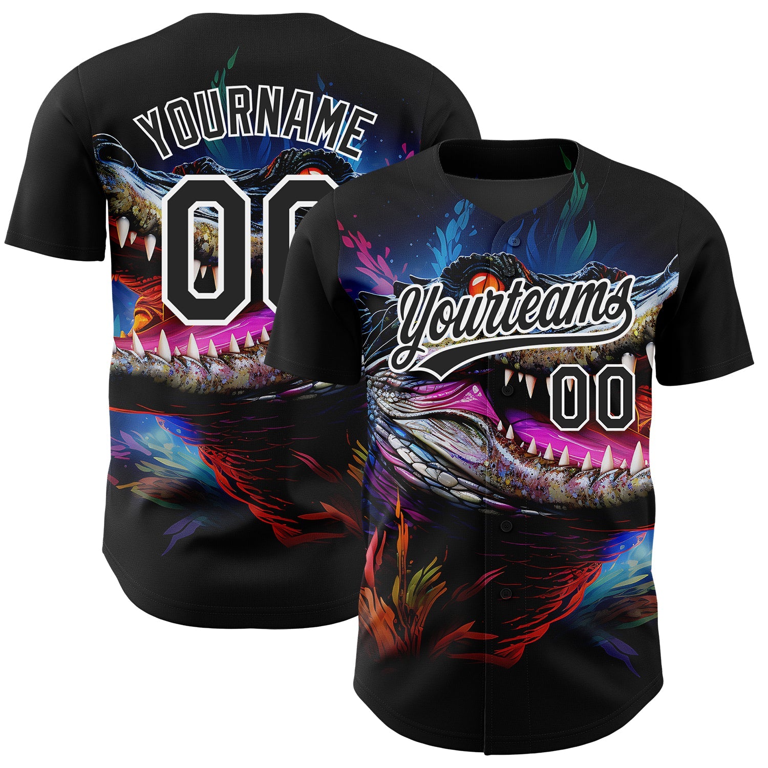 Custom Black White 3D Pattern Design Neon Crocodile Authentic Baseball Jersey - Sky-Custom