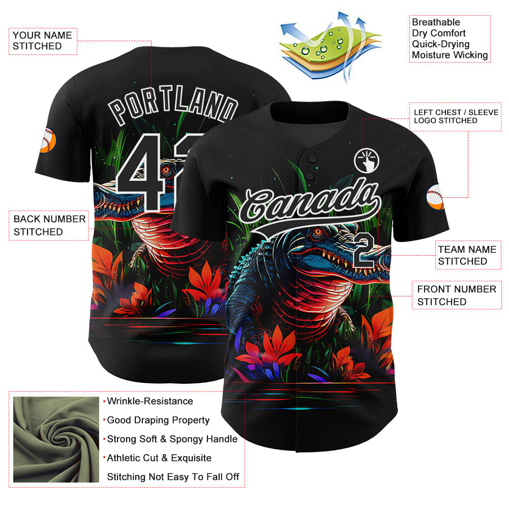 Custom Black White 3D Pattern Design Neon Crocodile Authentic Baseball Jersey - Sky-Custom