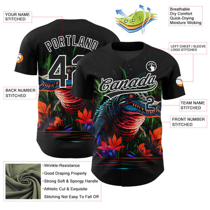 Custom Black White 3D Pattern Design Neon Crocodile Authentic Baseball Jersey - Sky-Custom