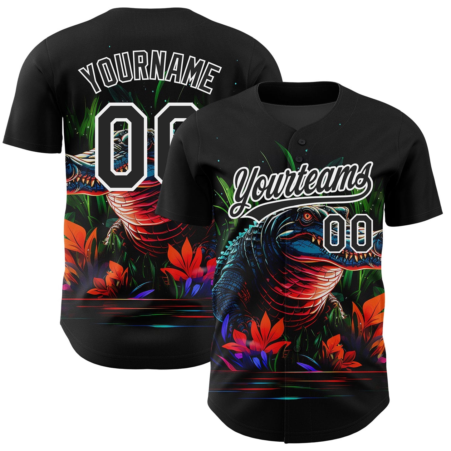 Custom Black White 3D Pattern Design Neon Crocodile Authentic Baseball Jersey - Sky-Custom