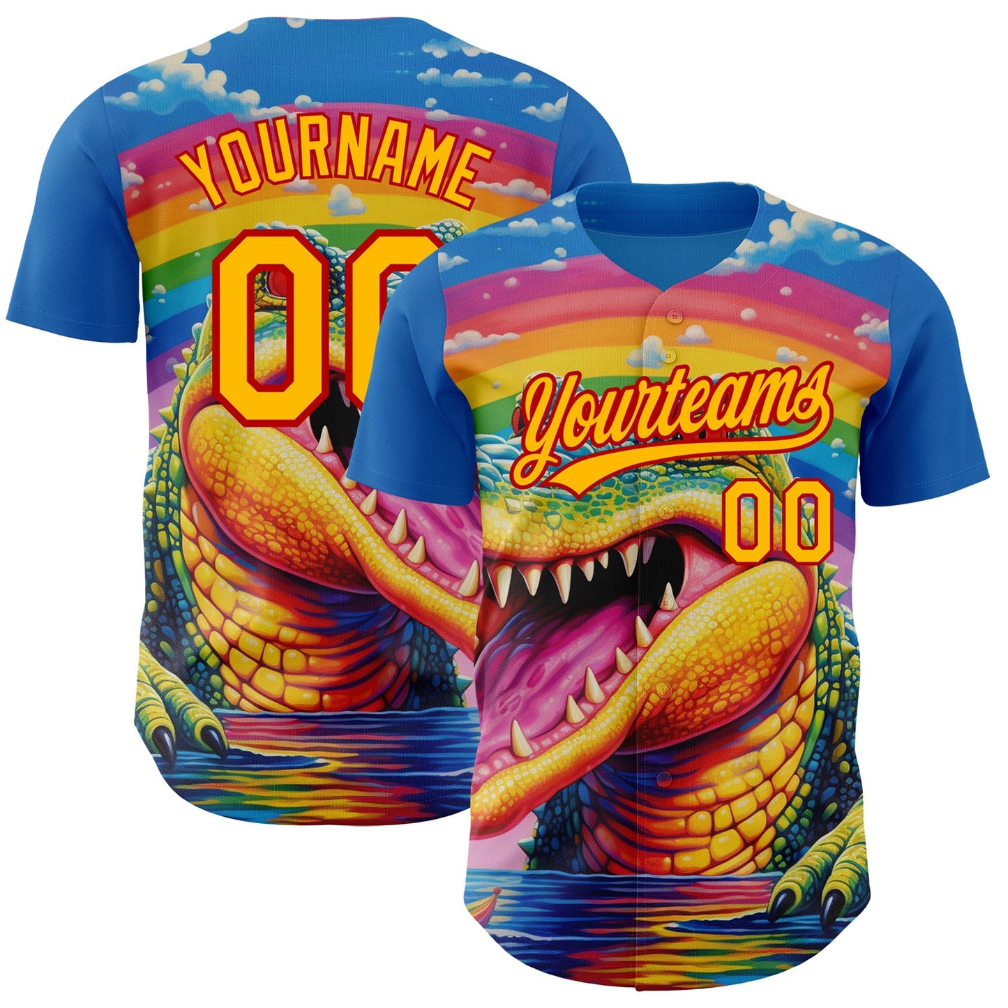 Custom Royal Gold-Red 3D Pattern Design Crocodile Authentic Baseball Jersey - Sky-Custom