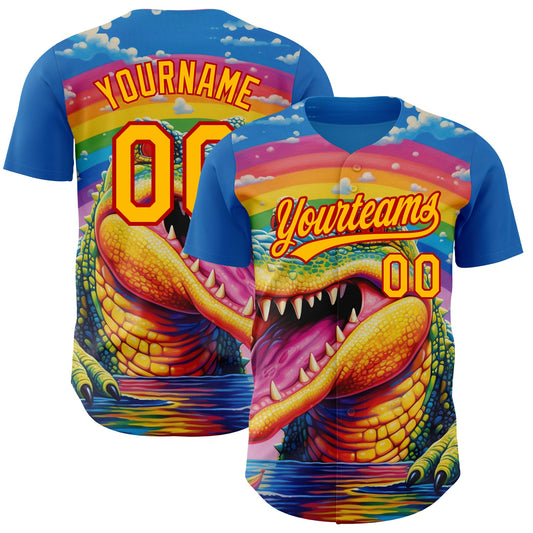 Custom Royal Gold-Red 3D Pattern Design Crocodile Authentic Baseball Jersey - Sky-Custom