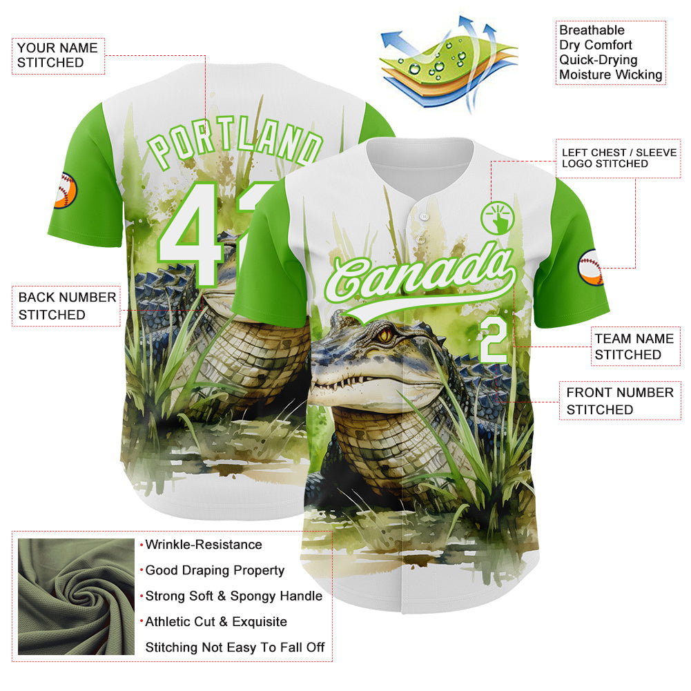 Custom White Aurora Green 3D Pattern Design Crocodile Authentic Baseball Jersey - Sky-Custom