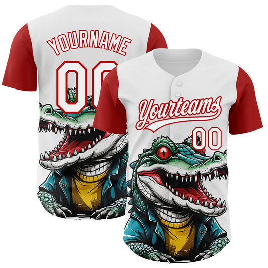 Custom White Red 3D Pattern Design Cartoon Crocodile Authentic Baseball Jersey - Sky-Custom