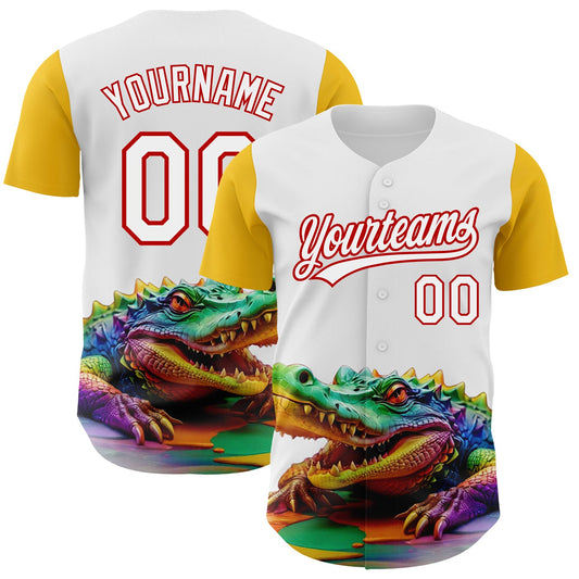 Custom White Red-Yellow 3D Pattern Design Colorful Crocodile Authentic Baseball Jersey - Sky-Custom