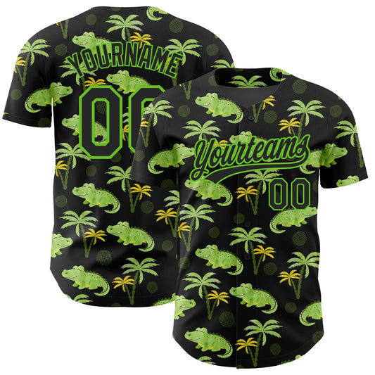 Custom Black Aurora Green 3D Pattern Design Crocodile And Tropical Hawaii Palm Trees Authentic Baseball Jersey - Sky-Custom