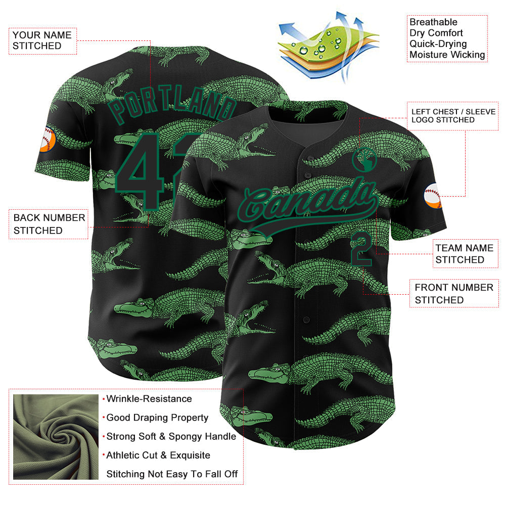 Custom Black Kelly Green 3D Pattern Design Crocodile Authentic Baseball Jersey - Sky-Custom