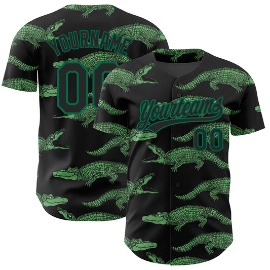 Custom Black Kelly Green 3D Pattern Design Crocodile Authentic Baseball Jersey - Sky-Custom