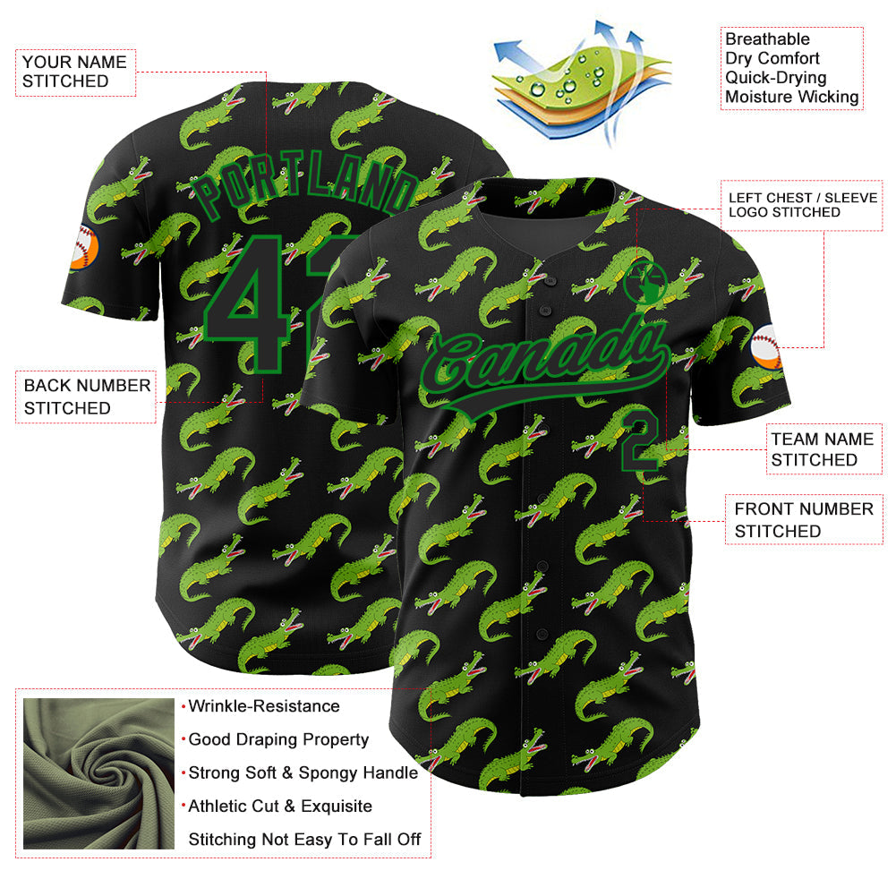 Custom Black Grass Green 3D Pattern Design Crocodile Authentic Baseball Jersey - Sky-Custom