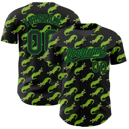 Custom Black Grass Green 3D Pattern Design Crocodile Authentic Baseball Jersey - Sky-Custom