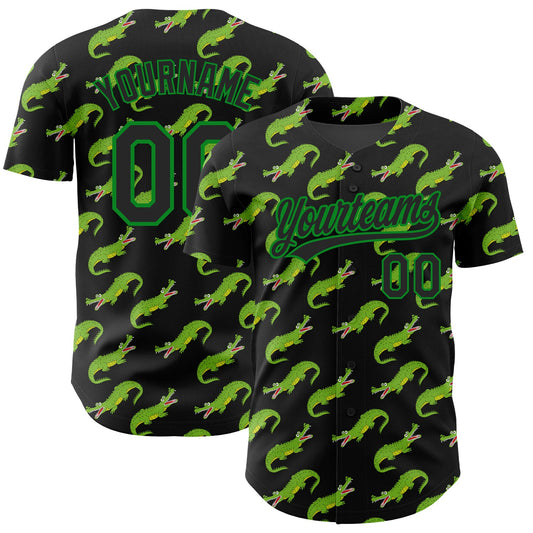 Custom Black Grass Green 3D Pattern Design Crocodile Authentic Baseball Jersey - Sky-Custom