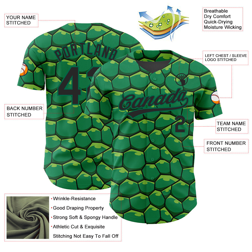 Custom Kelly Green Black 3D Pattern Design Turtle Shell Authentic Baseball Jersey - Sky-Custom