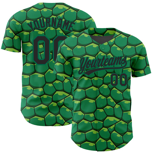 Custom Kelly Green Black 3D Pattern Design Turtle Shell Authentic Baseball Jersey - Sky-Custom