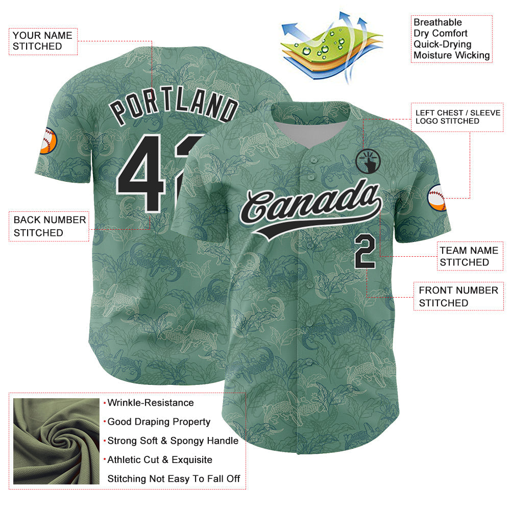 Custom Green Black-White 3D Pattern Design Crocodile And Plant Authentic Baseball Jersey - Sky-Custom