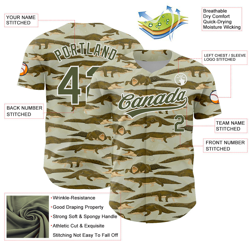 Custom Olive White 3D Pattern Design Crocodile And Plant Authentic Baseball Jersey - Sky-Custom