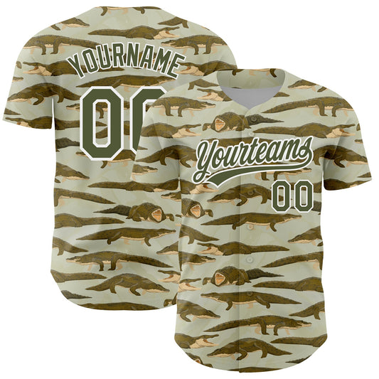 Custom Olive White 3D Pattern Design Crocodile And Plant Authentic Baseball Jersey - Sky-Custom