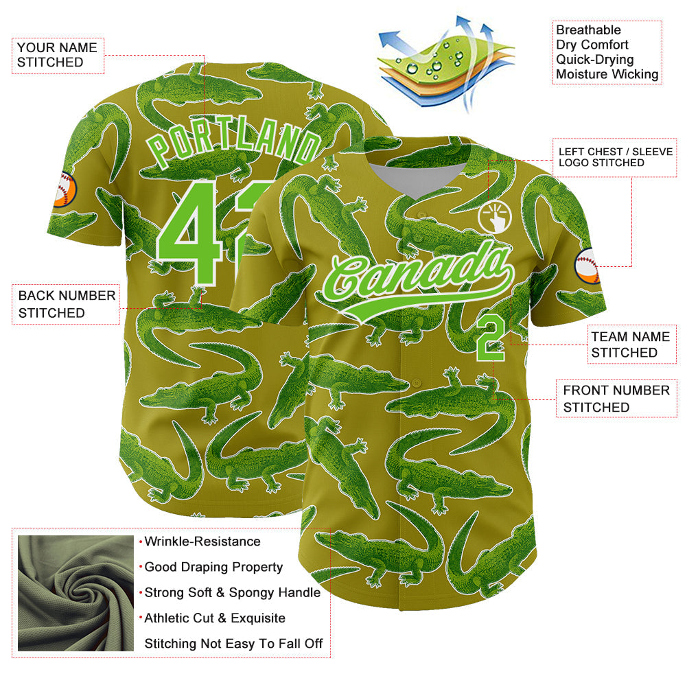 Custom Olive Aurora Green-White 3D Pattern Design Crocodile And Plant Authentic Baseball Jersey - Sky-Custom