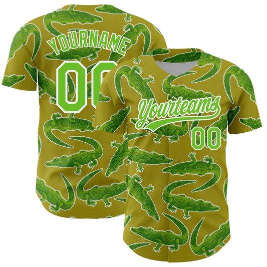 Custom Olive Aurora Green-White 3D Pattern Design Crocodile And Plant Authentic Baseball Jersey - Sky-Custom