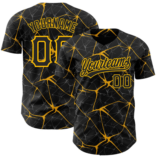 Custom Black Gold 3D Pattern Design Abstract Network Authentic Baseball Jersey - Sky-Custom