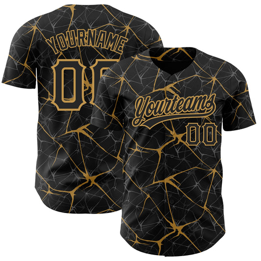 Custom Black Old Gold 3D Pattern Design Abstract Network Authentic Baseball Jersey - Sky-Custom