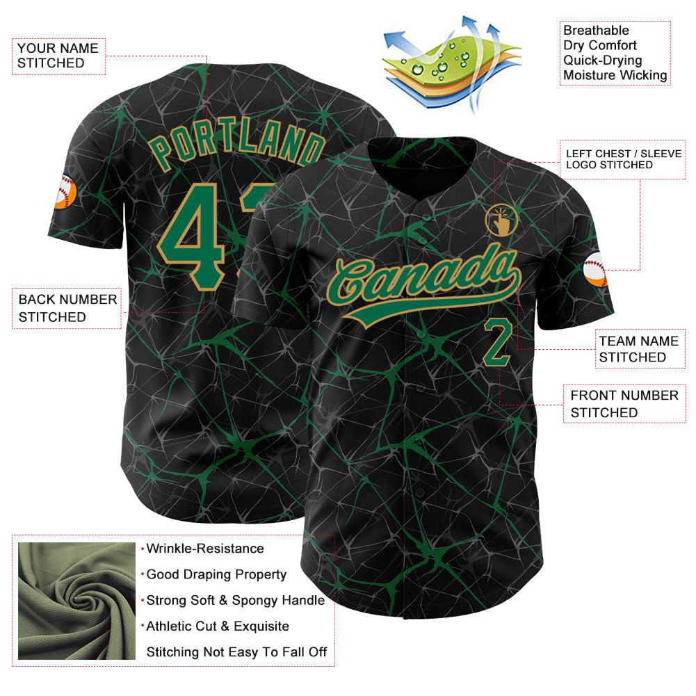 Custom Black Kelly Green-Old Gold 3D Pattern Design Abstract Network Authentic Baseball Jersey - Sky-Custom