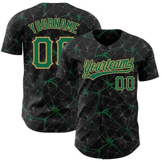 Custom Black Kelly Green-Old Gold 3D Pattern Design Abstract Network Authentic Baseball Jersey - Sky-Custom