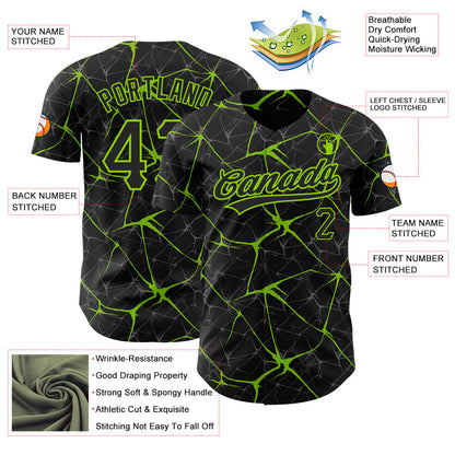 Custom Black Neon Green 3D Pattern Design Abstract Network Authentic Baseball Jersey - Sky-Custom