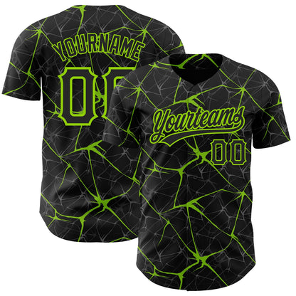 Custom Black Neon Green 3D Pattern Design Abstract Network Authentic Baseball Jersey - Sky-Custom