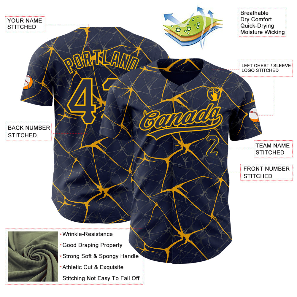 Custom Navy Gold 3D Pattern Design Abstract Network Authentic Baseball Jersey - Sky-Custom