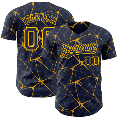 Custom Navy Gold 3D Pattern Design Abstract Network Authentic Baseball Jersey - Sky-Custom