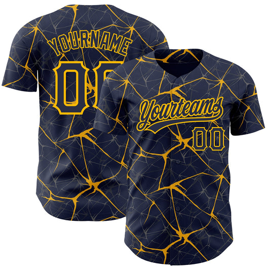 Custom Navy Gold 3D Pattern Design Abstract Network Authentic Baseball Jersey - Sky-Custom