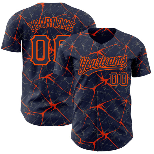 Custom Navy Orange 3D Pattern Design Abstract Network Authentic Baseball Jersey - Sky-Custom