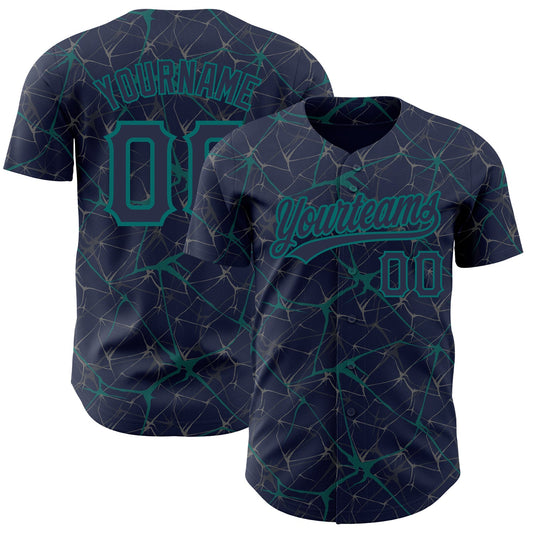 Custom Navy Teal 3D Pattern Design Abstract Network Authentic Baseball Jersey - Sky-Custom
